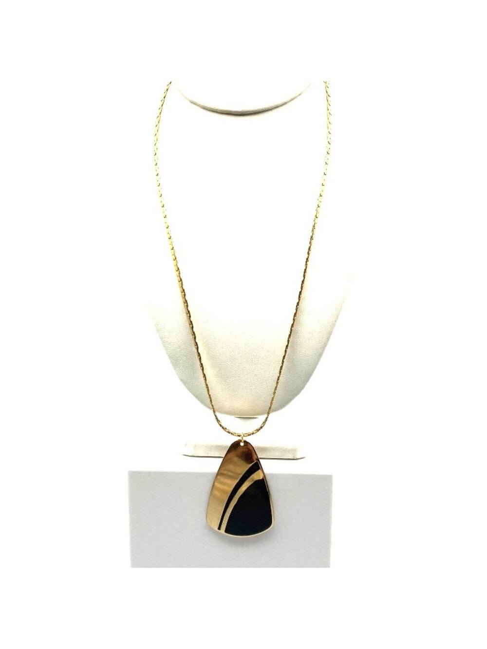 Retro Black Enamel Teardrop Pendant on Gold Tone Flat Chain Necklace